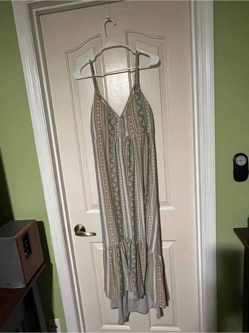 Striped Bohemian Maxi Dress in Beige and Sage with built in bra